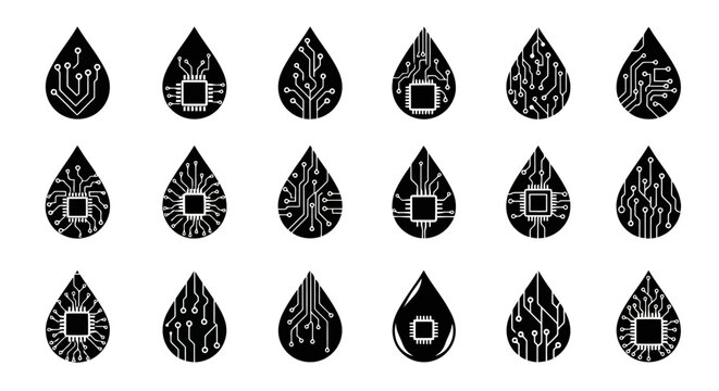 Collection of black teardrop shaped icons with various patterns and designs.