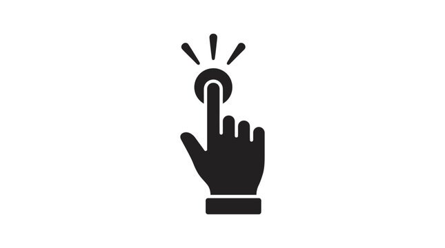 Hand pressing button with radiating lines black silhouette