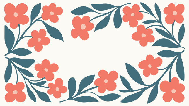 Minimalist floral frame design with soft coral flowers and dark teal leaves on cream background.