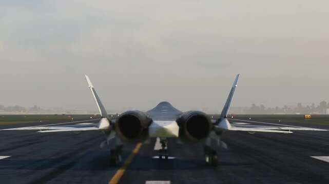 Modern Fighter Jet on Runway Ready for Takeoff.