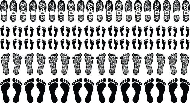 Black and White Footprint Vector Icon Set Featuring Barefoot Tracks Shoe Sole Imprints and Decorative Tribal Feet Marks for Forensic and Pattern Designs