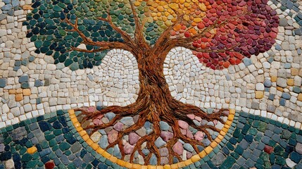 Fototapeta premium Colorful mosaic art of a vibrant tree of life with roots and rainbow leaves, symbolizing growth, diversity, and nature's beauty.