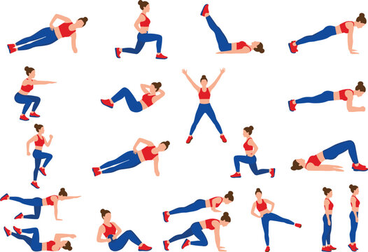 Female Bodyweight Workout Routine Vector Chart Featuring Planks Squats Lunges Crunches and Jumping Jacks for Home Fitness and Gym Design Elements