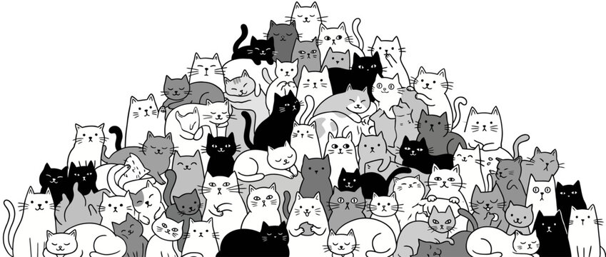 This delightful illustration features an adorable assortment of cats stacked together, showcasing various expressions and colors, illustrating the charm of feline creatures.