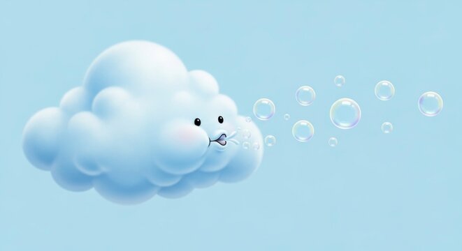 Cartoon cloud blowing bubbles playful illustration on a blue background