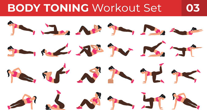 Female Body Toning Workout Routine Vector Chart Featuring Abs Core Leg and Glute Exercises for Home Fitness Poster and Gym Training Design Elements