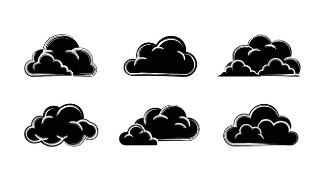 Collection of various black cloud shapes.