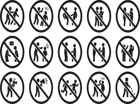 Collection of prohibition signs: no aggression no running other forbidden