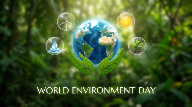 World Environment Day Eco Earth with Green Leaves and Renewable Energy Icons