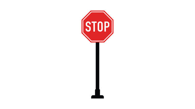 Red octagonal stop sign with black pole on a white background silhouette