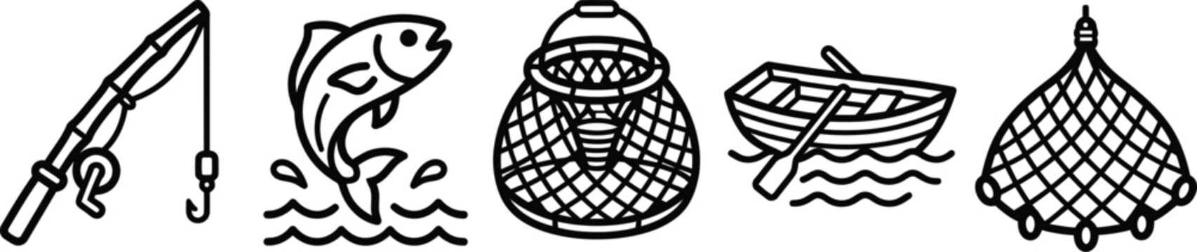 Fishing icons set line art style on a white background