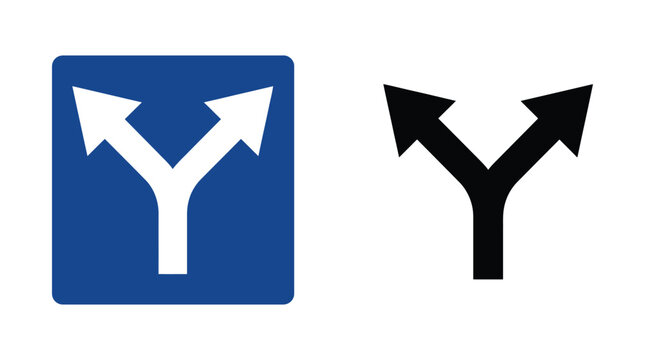 road fork sign with diverging arrows blue and black silhouette