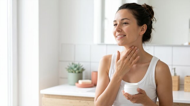 Woman applying moisturizer to neck from white jar. Smiling female performing daily skincare routine. Copy space for text