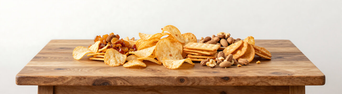 warm wooden tabletop rustic texture holding colorful arrangement various snacks chips crackers nuts soft