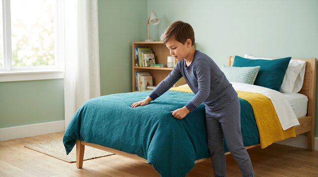 Young boy in striped pajamas making his bed in a modern bedroom. Independent child performing daily chores at home. Responsibility and morning routine concept