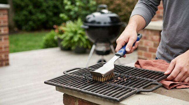 Cleaning grill grate with wire brush on outdoor patio. Barbecue maintenance and backyard cooking preparation. Person scrubbing charred residue from cast iron grate