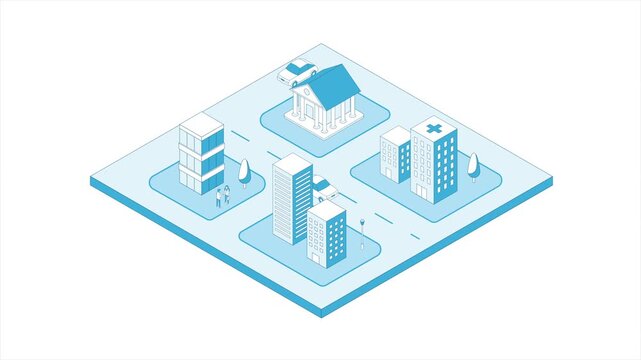 Isometric outline city stroke. Outline buildings architecture. View of the city with road, bank, buildings and hospital.
