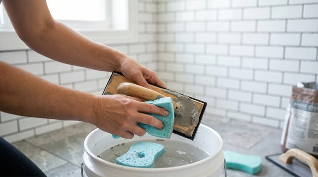 Cleaning grout from a float tool with a sponge over a bucket. Home renovation and tiling project maintenance. Hands washing construction tools after work