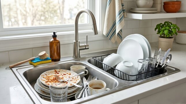 Clean and dirty dishes in double kitchen sink. Contrast of messy plates and organized drying rack. Domestic housework and kitchen chore concept