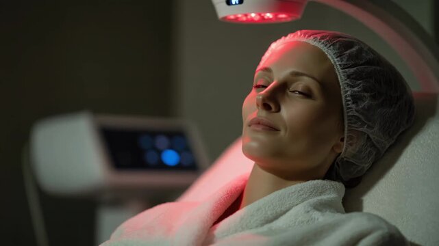 Woman receiving light therapy treatment for alopecia