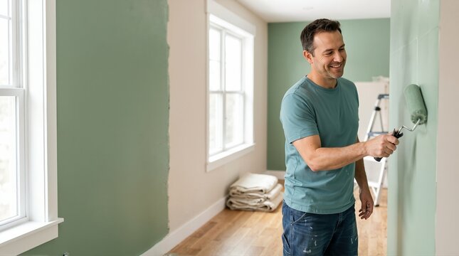 Smiling man painting a wall with a green roller. Home renovation and DIY project. Middle aged male decorating interior room