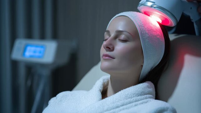 Woman receives treatment for alopecia in clinic during evening hours