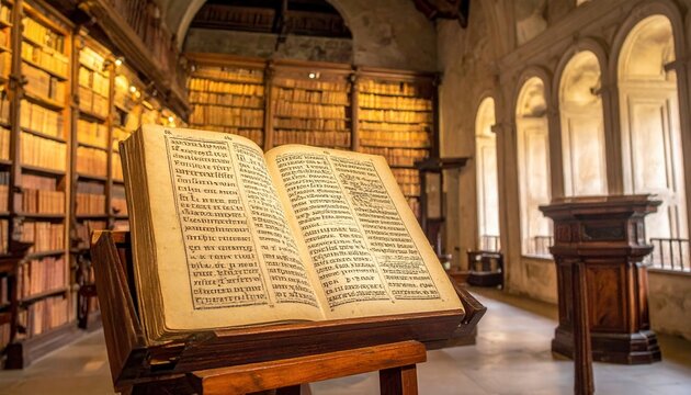 Open ancient medieval Insular gospel book with uncial script displayed in a grand library setting