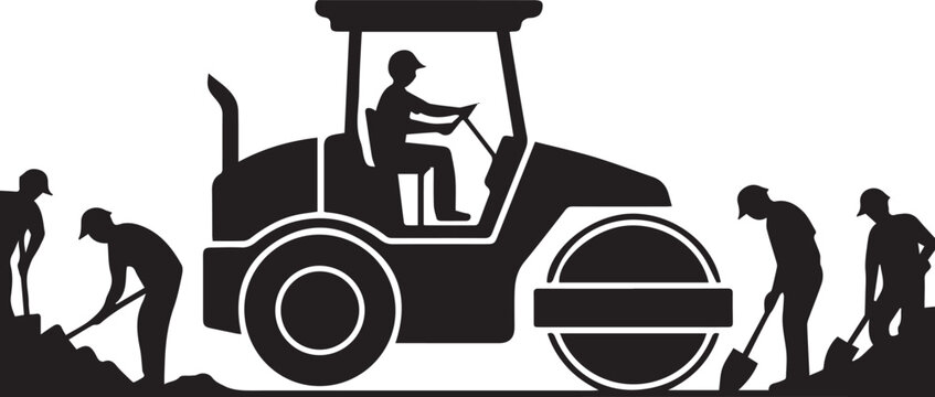 Silhouette of workers and road roller in construction site Vector
