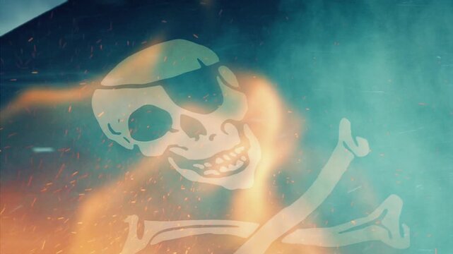 Pirate Flag With Fire And Smoke Slow Motion