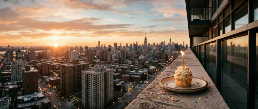 Birthday cupcake with a lit candle on a balcony at sunset. City skyline view of Manhattan in the background. Urban celebration and birthday wish concept