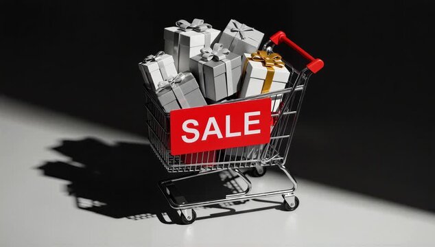 Shopping cart filled with gift boxes and a red sale sign. Retail discount and holiday shopping concept. High contrast lighting with long shadows