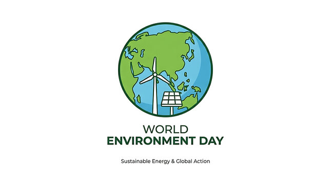 World Environment Day Concept with Earth, Wind Turbine, and Solar Panel for Sustainable Energy