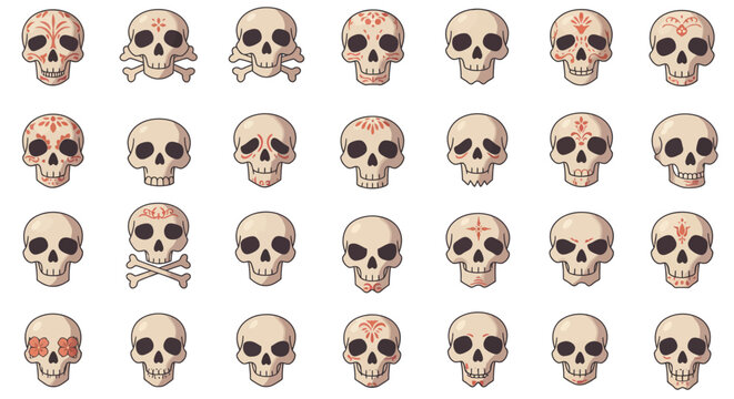 A collection of pixel art skulls with intricate designs and playful expressions, perfect for digital art projects