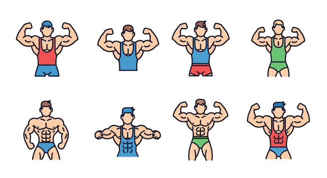 Collection of muscular male bodybuilders vector illustrations, showcasing strong men flexing their biceps and physiques in various poses, representing fitness, strength, and athletic training