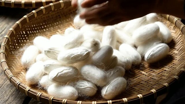 Delicate Hands Selecting White Silk Cocoons from Natural Wooden Basket in 4K Slow Motion Video