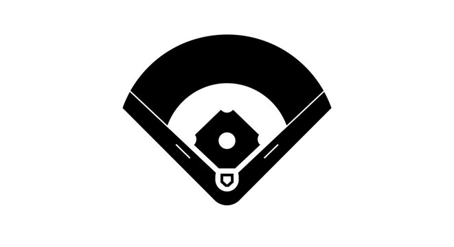 An isolated black and white graphic illustration of a baseball field seen from above, showcasing home plate and the infield diamond