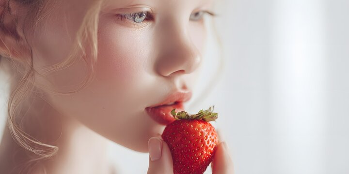 Delicate young girl gently holding smelling fragrant fresh strawberry soft white background modern minimalist studio setting single key light diffused fill straight overhead camera whimsical playful