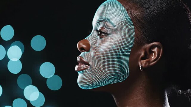 Digital Overlay On Woman's Face Highlights Innovative Technology and Futuristic Aesthetics in a Close-Up Profile with Bokeh Background