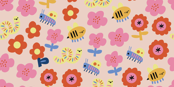 Seamless insect and floral pattern with bees, ladybugs, grasshoppers, and red Scandinavian cutout flowers on a soft beige pink background, cute girly spring and summer repeat design for kids fabric