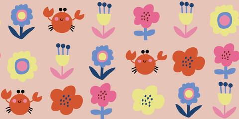 Seamless crab and floral pattern with cute red crabs and Scandinavian flowers on a soft beige pink background, playful summer repeat design for kids fabric, nursery wallpaper, baby textiles, wrapping  © tanya