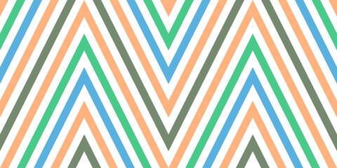 Fototapeta premium Colorful Chevron Seamless Pattern with Blue, Green, and Orange Zigzag Lines. Modern Geometric Background Vector for Fabric Textile, Wallpaper, Wrapping Paper.