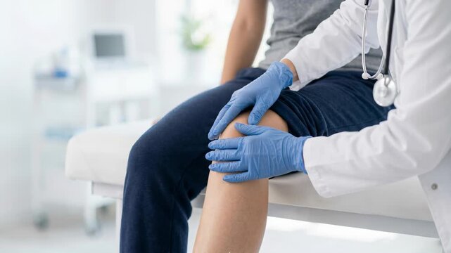 A doctor checks a patient's knee in a medical office. The patient sits on an exam table with a concerned expression. The doctor discusses concerns about joint pain and stability