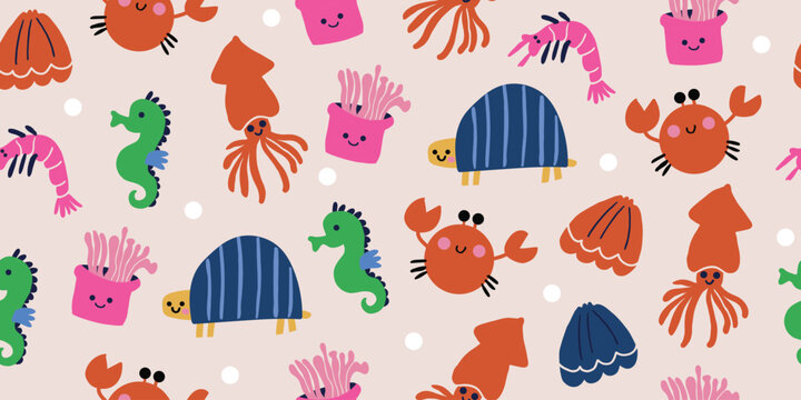 Seamless underwater sea life pattern with seashells, crab, seahorse, squid, turtle, shrimp, and seaweed on a soft beige background, cute coastal repeat design for kids fabric, nursery wallpaper, baby 