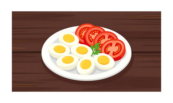 generate photorealistic image plate containing several eggs halved lengthwise sliced tomatoes garnished fresh herbs