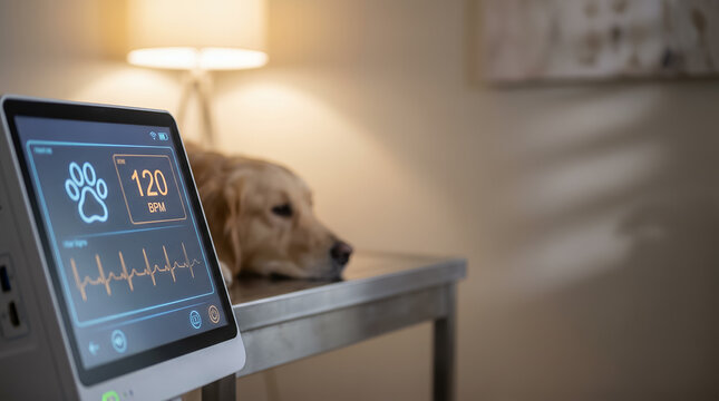 Veterinary patient monitor displays vital signs of golden retriever dog on metal examination table in luxury pet clinic room. Healthcare hospital support. Medical diagnostic equipment. Copy-space.