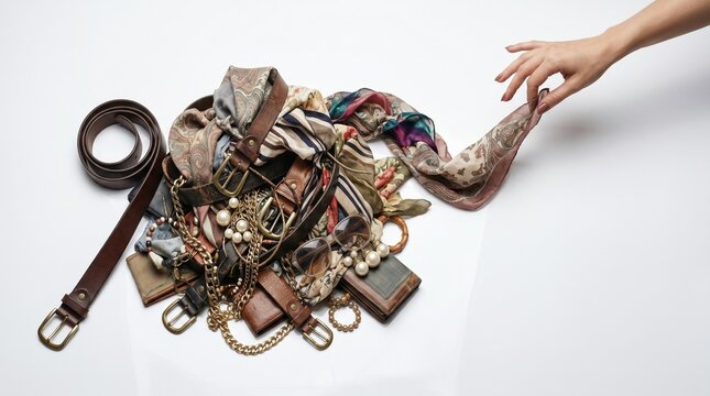 Woman hand touching pile of discarded clothes, belts, and accessories. Concept of overconsumption, fast fashion, and excess shopping. Messy heap of unused personal items on white surface.