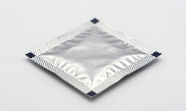 generate photorealistic image small shot metallic foil packet transparent edges reflective
