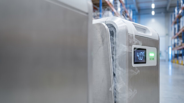 Cryogenic medical freezer with secure digital display emitting cold vapor inside pharmaceutical warehouse. Healthcare hospital support. Medical equipment. Copy-space.