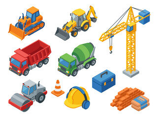 Fototapeta premium An illustrative collection of construction vehicles and equipment, including a crane and bulldozer, highlighting the mechanics of building and industrial development.