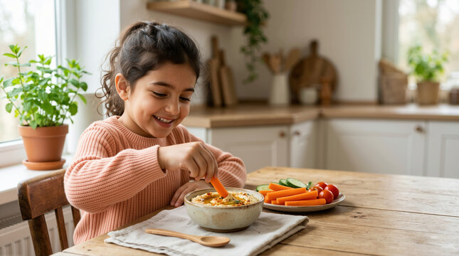 Young girl dipping carrot stick into hummus bowl. Child eating healthy vegetable snack at kitchen table. Nutritious food and healthy lifestyle concept